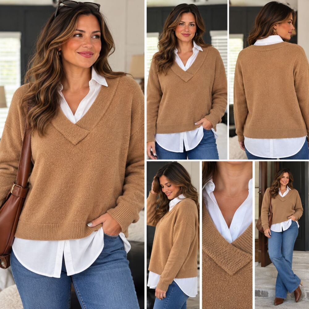 Anne Klein Women’s L Camel Tan Layered Look Sweater Attached White Shirt Collar